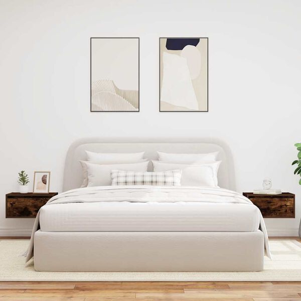 vidaXL Noptiere montate pe perete cu lumini LED, 2 buc.,stejar fumuriu