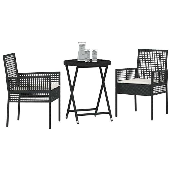 vidaXL Set Bistro de Grădină 3 pcs Negru Rattan poli