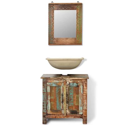 Set dulap de baie din lemn masiv reciclat, cu oglindă