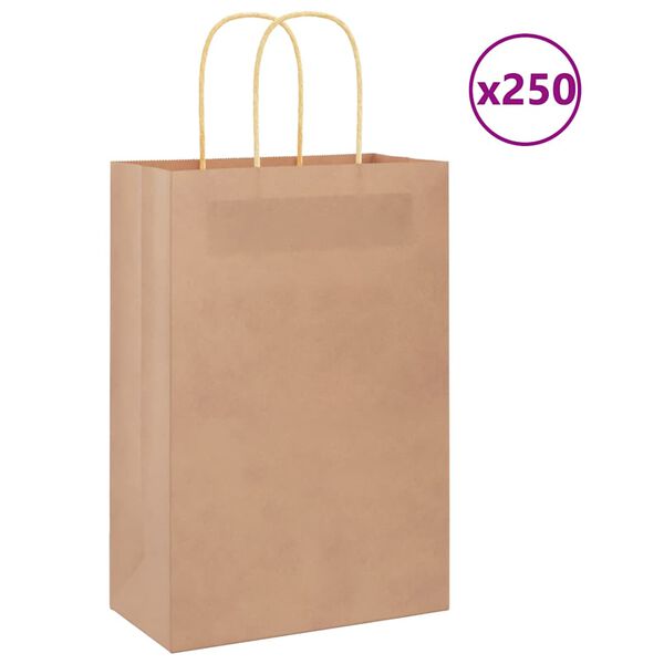 vidaXL Pungi de h&acirc;rtie 250 buc cu m&acirc;nere maro 21x11x31 cm