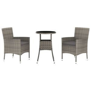 vidaXL Set bistro de grădină cu perne, 3 piese, gri, poliratan