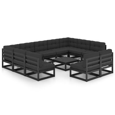 vidaXL Set mobilier grădină cu perne, 12 piese, negru, lemn masiv pin