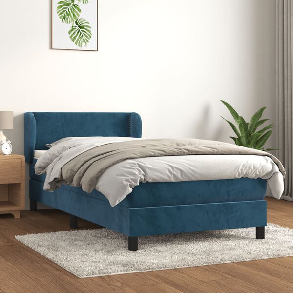 vidaXL Pat box spring cu saltea, albastru &icirc;nchis, 90x200 cm, catifea