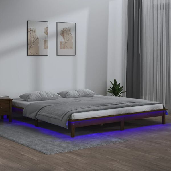 vidaXL Cadru de pat cu LED, maro miere, 140x190 cm, lemn masiv