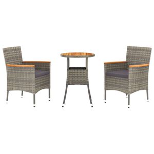 vidaXL Set bistro de grădină cu perne, 3 piese, gri, poliratan