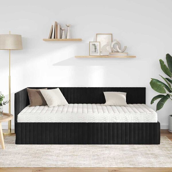 vidaXL Cadru de pat colțar cu saltea cu headboard 2 pcs Negru Catifea