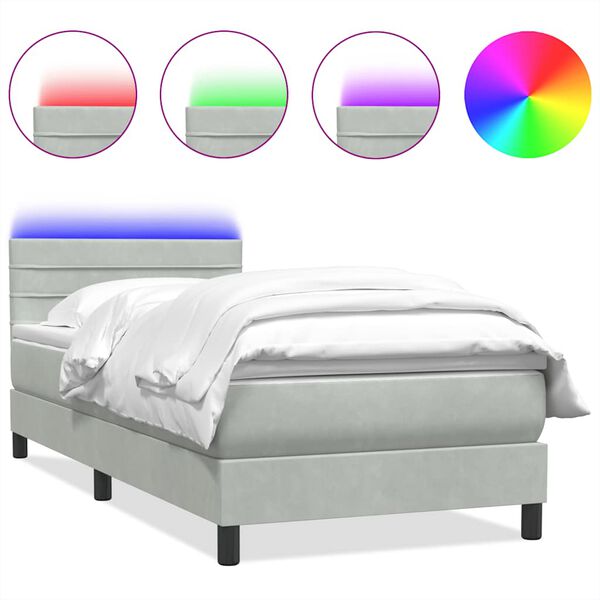 vidaXL Pat cu arcuri cu saltea și LED, gri deschis, 80x210 cm, catifea