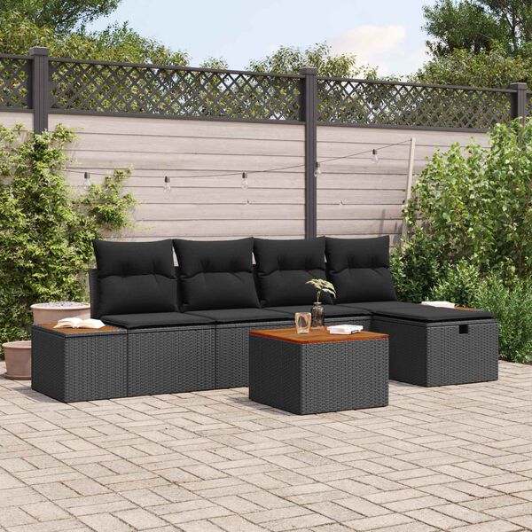 vidaXL Set de canapele pentru grădină cu pernă 6 pcs Negru Rattan poli
