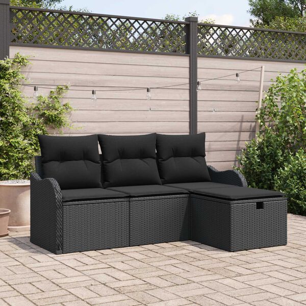 vidaXL Set de canapele pentru grădină cu pernă 4 pcs Negru Rattan poli