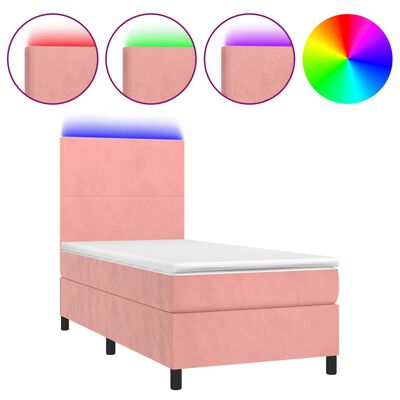 vidaXL Pat cu arcuri, saltea și LED, roz, 90x190 cm, catifea
