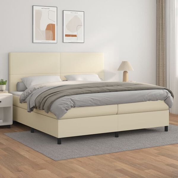 vidaXL Pat continental cu saltea, crem, 200x200 cm, piele ecologică