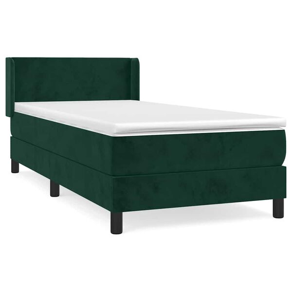vidaXL Pat box spring cu saltea, verde &icirc;nchis, 90x190 cm, catifea