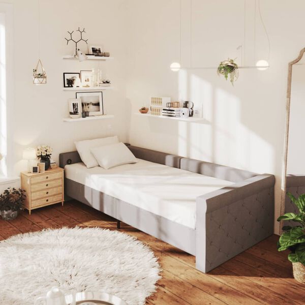 vidaXL Pat de zi cu USB, gri deschis, 90x200 cm, material textil