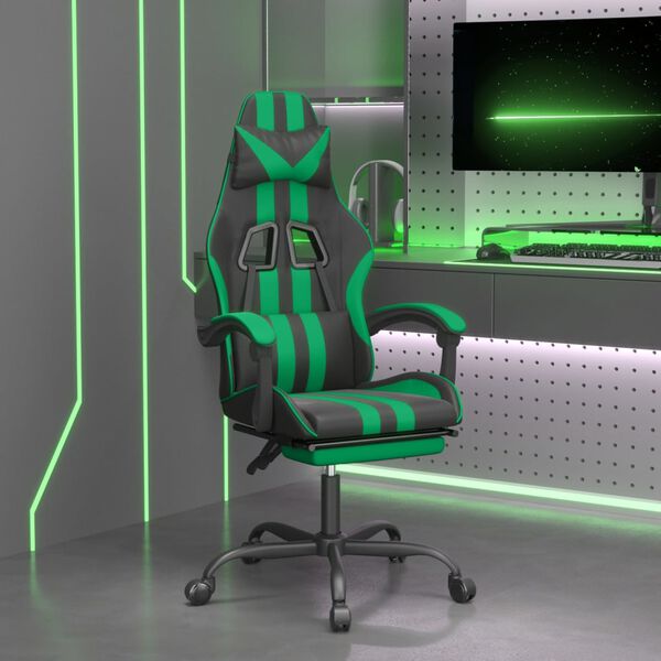 vidaXL Scaun de gaming cu suport picioare negru/verde, piele ecologică