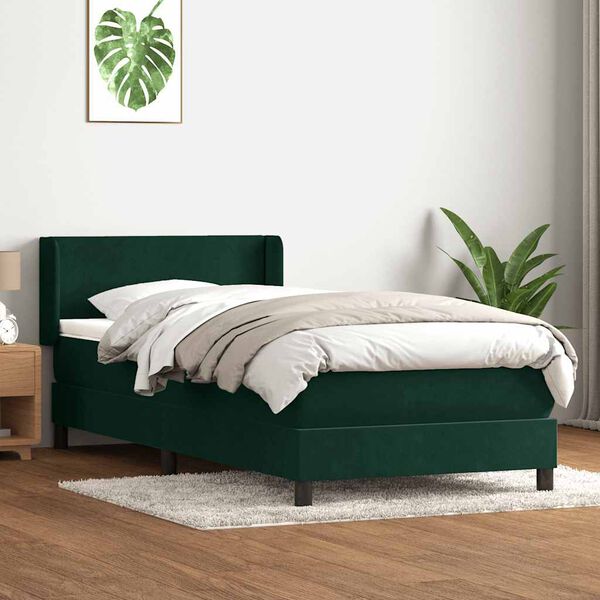 vidaXL Pat box spring cu saltea, verde &icirc;nchis, 80x210 cm, catifea
