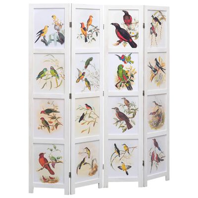 vidaXL Paravan de cameră cu 4 panouri, alb, 140 x 165 cm, păsări