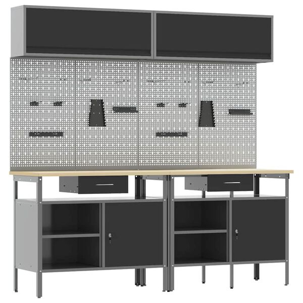 vidaXL Set banc de lucru cu sertar 8 pcs Negru 200 x 55 x 200 cm Oțel