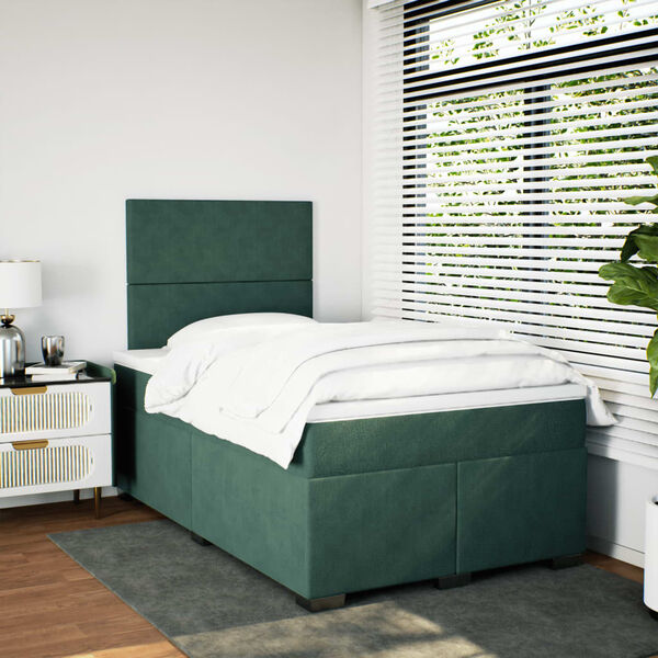 vidaXL Pat box spring cu saltea, verde &icirc;nchis, 120x200 cm, catifea