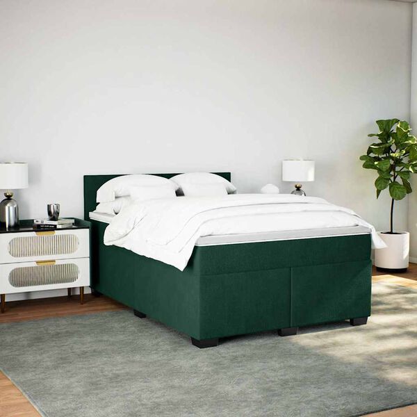 vidaXL Pat box spring cu saltea, verde &icirc;nchis, 140x200 cm, catifea
