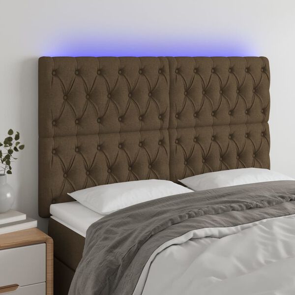 vidaXL Tăblie de pat cu LED, maro &icirc;nchis, 144x7x118/128 cm, textil