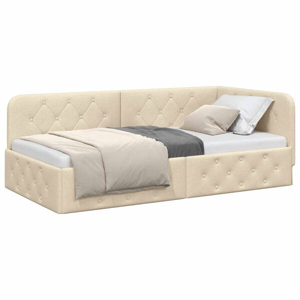 vidaXL Cadru de pat colțar cu headboard Crem 90 x 190 cm țesătură