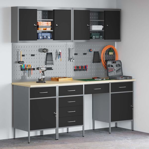 vidaXL Dulap de lucru cu sertar 10 pcs Negru Lemn ingineresc și oțel