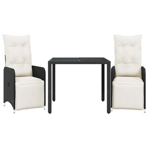 vidaXL Set bistro de grădină cu perne, 3 piese, negru, poliratan