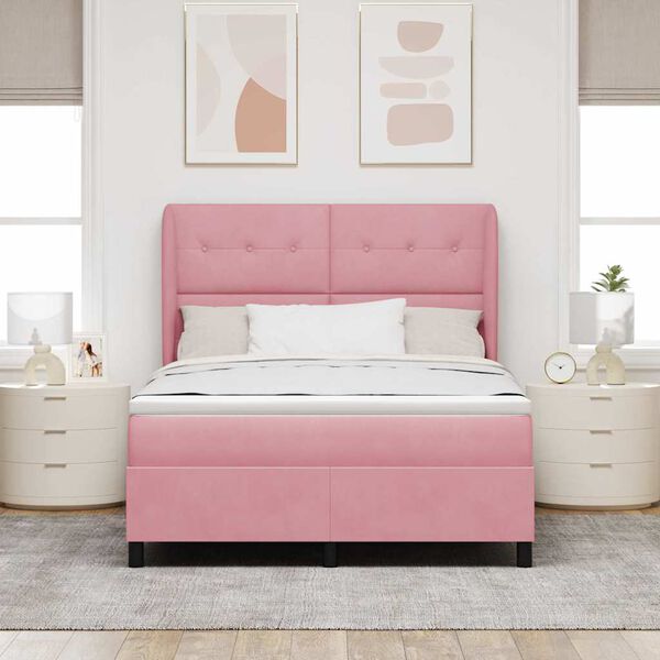 vidaXL Pat cu arcuri cu saltea cu headboard Roz 190 x 140 cm Catifea