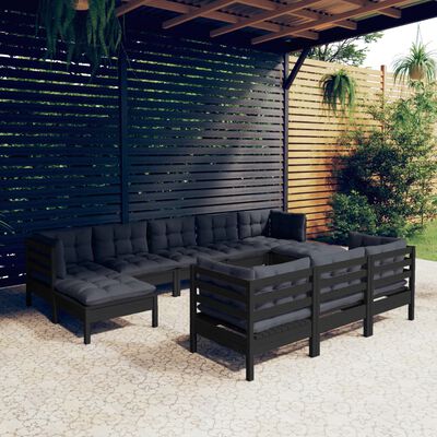 vidaXL Set mobilier de grădină cu perne 10 piese negru lemn masiv pin