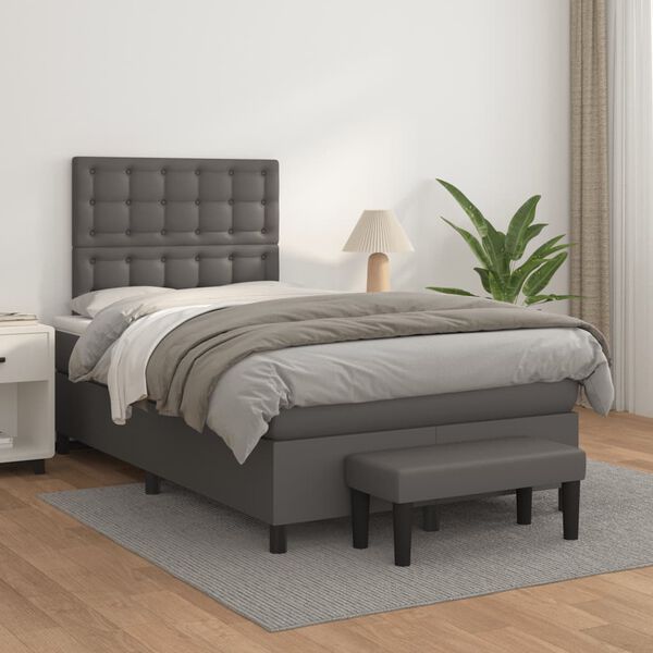 vidaXL Pat box spring cu saltea, gri, 120x190 cm, piele ecologică