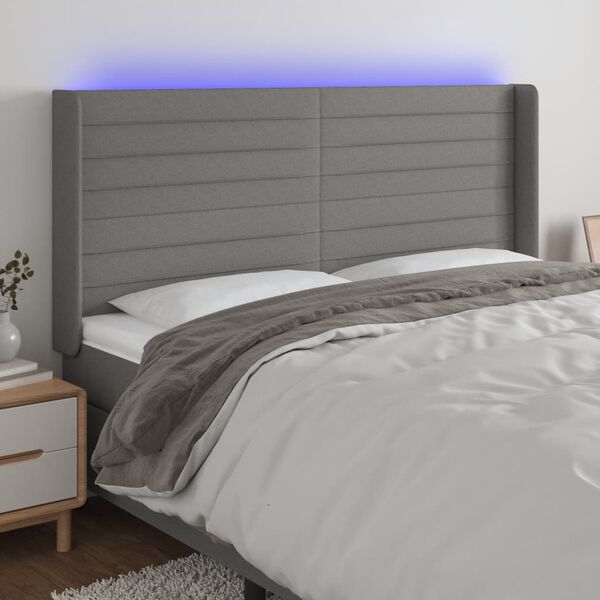vidaXL Tăblie de pat cu LED, gri &icirc;nchis, 163x16x118/128 cm, textil