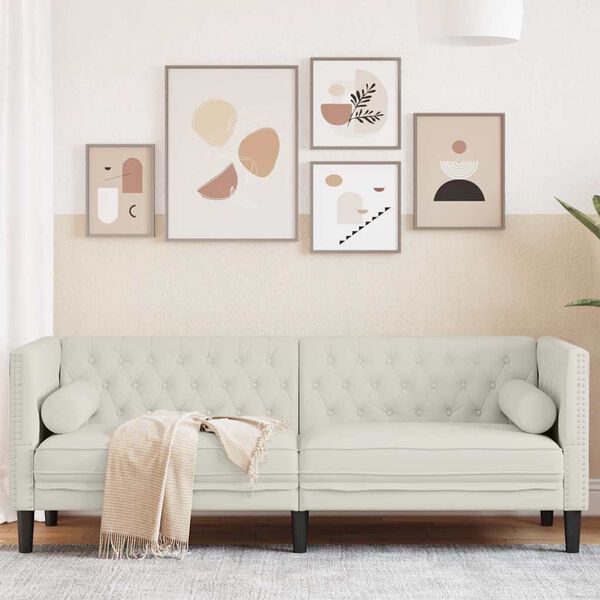 vidaXL Canapea Chesterfield cu pernuțe/3 locuri, crem, catifea