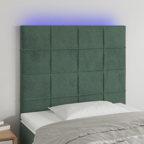 vidaXL Tăblie de pat cu LED, verde &icirc;nchis, 90x5x118/128 cm, catifea