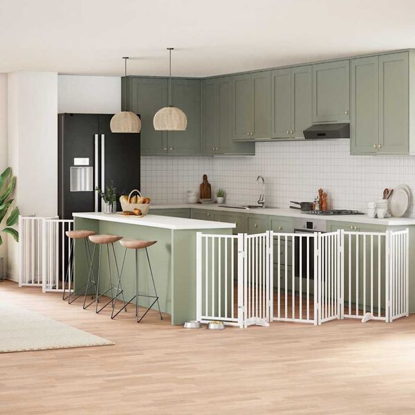 vidaXL Poartă c&acirc;ini pliabilă cu ușă 12 panouri, alb, 600 cm, lemn plop