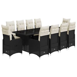 vidaXL Set bistro de grădină, 11 piese, cu perne, negru, poliratan