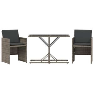 vidaXL Set bistro de grădină cu perne, 3 piese, gri, poliratan