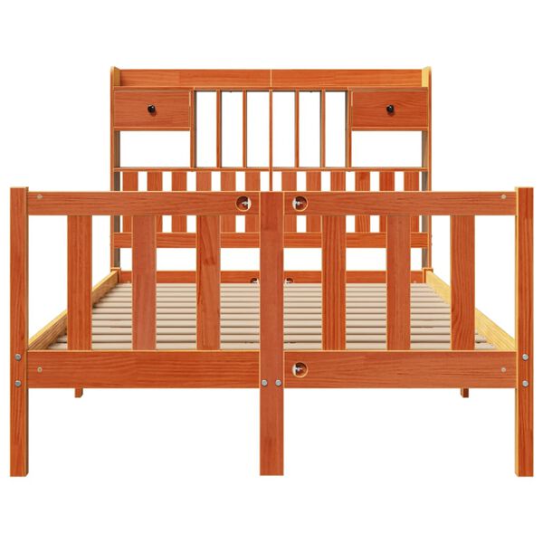 vidaXL Pat cu bibliotecă fără saltea maro 135x190 cm lemn masiv de pin