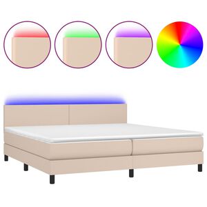 vidaXL Pat cu arcuri, cu saltea și LED cappuccino 200x200 cm piele eco
