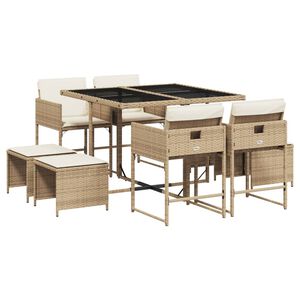 vidaXL Set de masă pentru grădină, 9 piese, cu perne, bej, poliratan