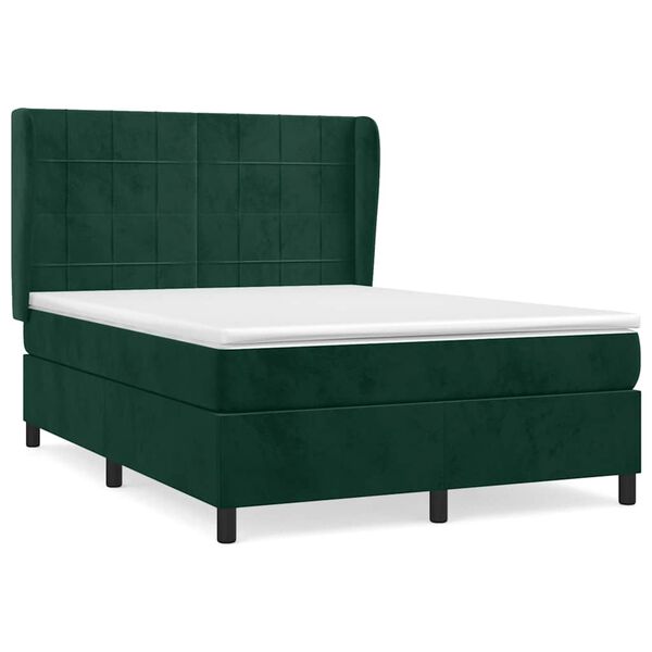 vidaXL Pat box spring cu saltea, verde &icirc;nchis, 140x190 cm, catifea