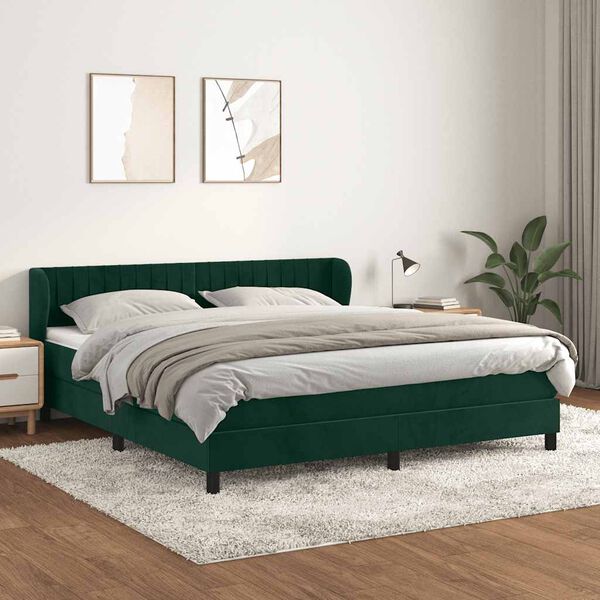 vidaXL Pat box spring cu saltea, verde &icirc;nchis, 160x200 cm, catifea