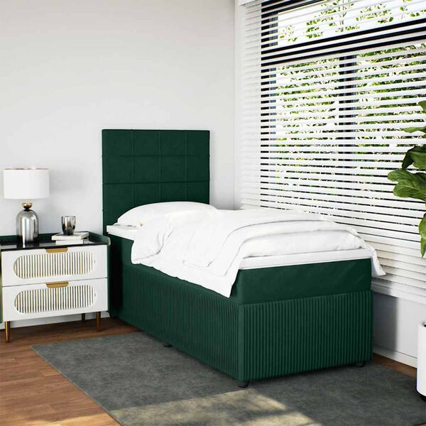 vidaXL Pat box spring cu saltea, verde &icirc;nchis, 90x190 cm, catifea