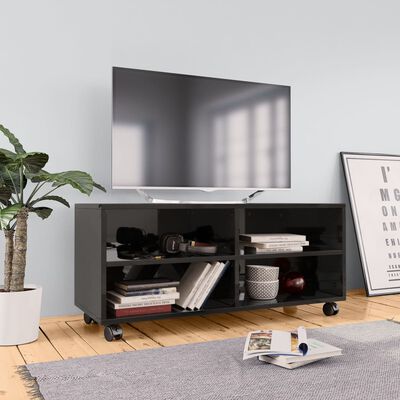 vidaXL Comodă TV cu rotile, negru extralucios, 90x35x35, PAL