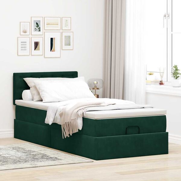 vidaXL Cadru de pat otoman cu saltea verde &icirc;nchis 90x190cm catifea