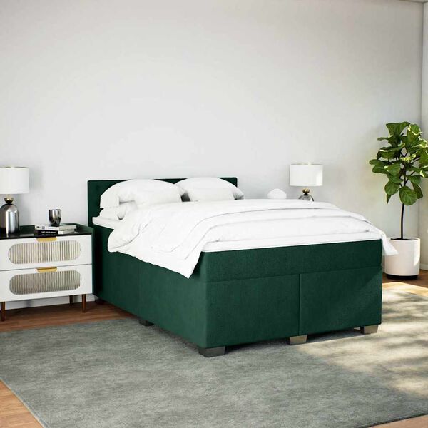 vidaXL Pat box spring cu saltea, verde &icirc;nchis, 140x200 cm, catifea