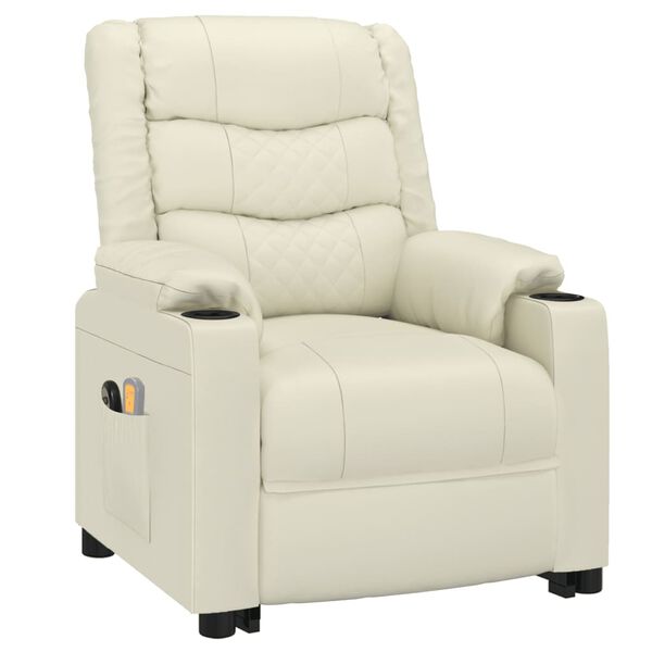 vidaXL Fotoliu de masaj cu ridicare, crem, piele ecologică
