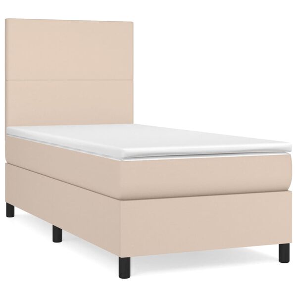 vidaXL Pat box spring cu saltea, cappuccino, 100x200cm piele ecologică
