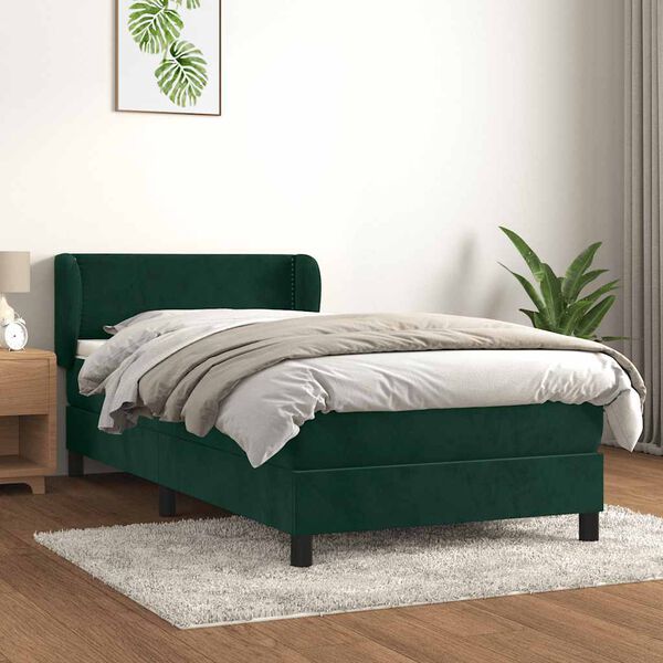 vidaXL Pat box spring cu saltea, verde &icirc;nchis, 80x200 cm, catifea