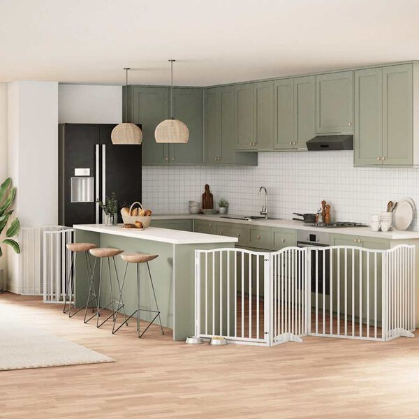 vidaXL Poartă c&acirc;ini pliabilă cu ușă 12 panouri, alb, 960 cm, lemn plop