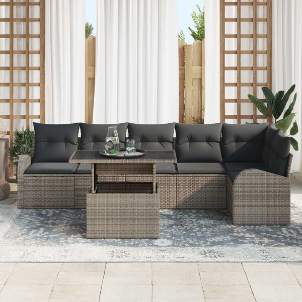 vidaXL Set de canapele pentru grădină cu pernă 7 pcs Gri Rattan poli